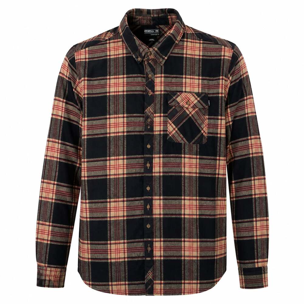 O’Neill Flannel Shirt Men’s Large Plaid Black Red Tan Classic Fit Button *read